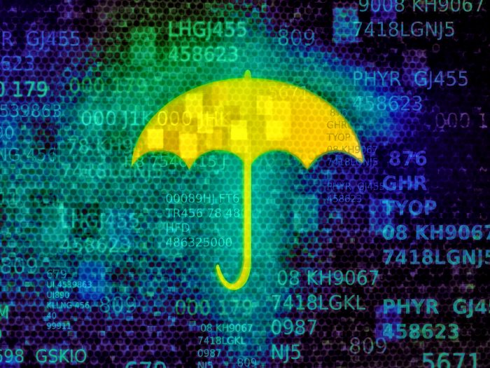 Cyber security concept with umbrella on data screen