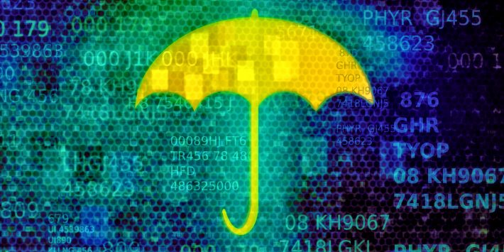 Cyber security concept with umbrella on data screen